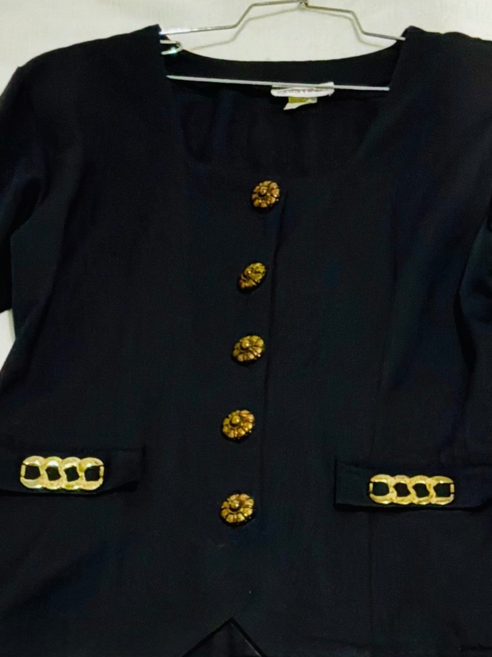 Vintage Cristina Black 2-Piece Skirt Suit Set with Gold Button Accents - Size 10